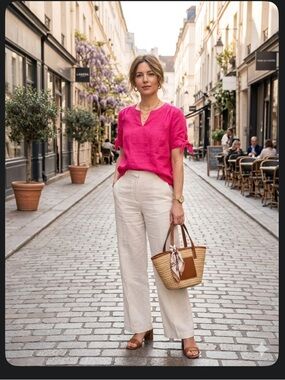 Talbots Bright Pink Blouse 100% linen size SP